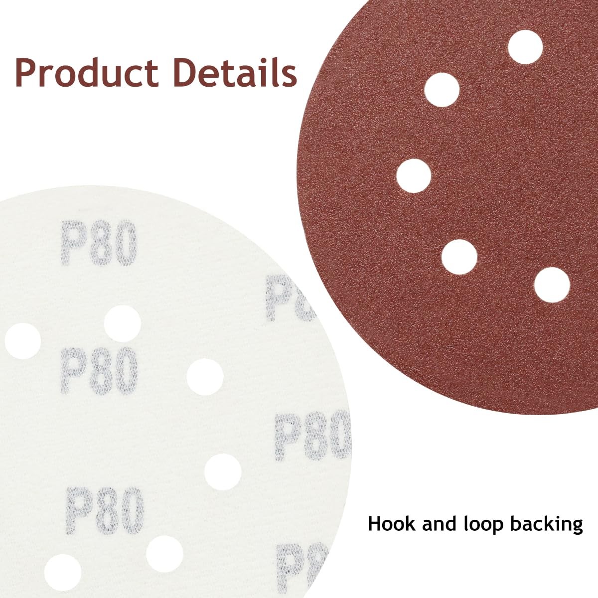 SUPBICCO 5 Inch 8 Hole Sanding Discs Hook and Loop, 50 PCS 80 5 inches, Red