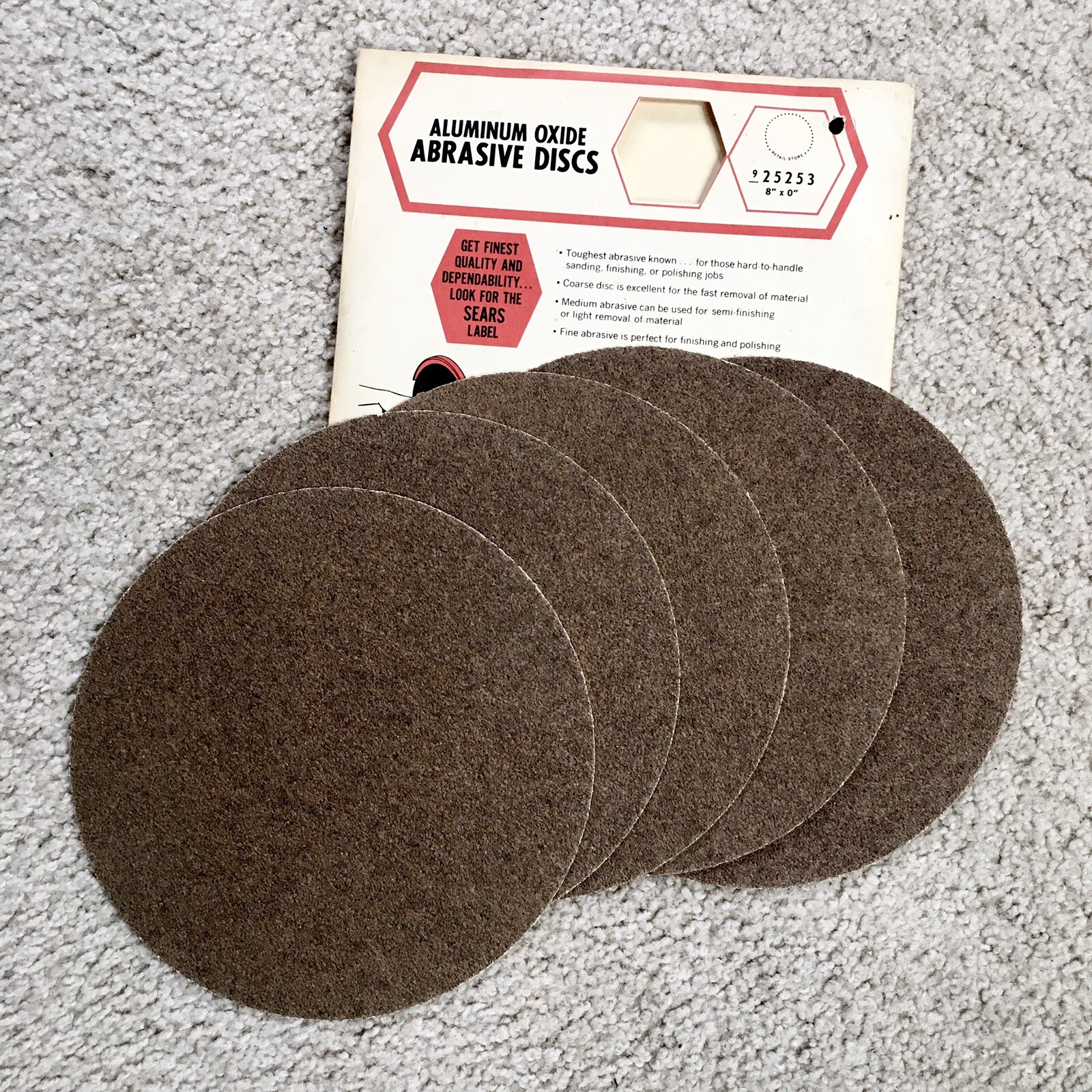 Vintage SEARS CRAFTSMAN Aluminum Oxide Abrasive Discs 8” NOS – 5 Coarse Discs
