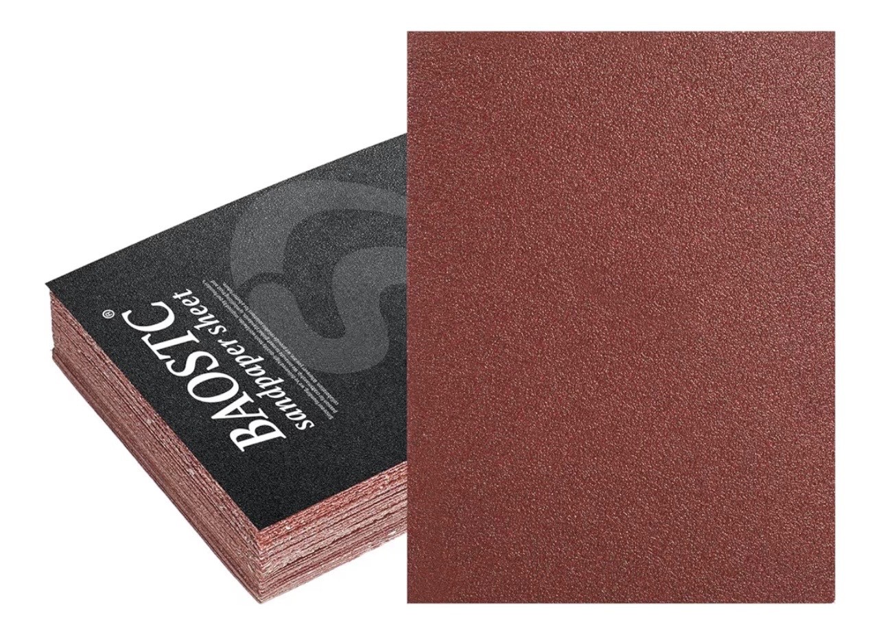 50 Pack 1/4 Sandpaper Sheet – 4-1/2” x 5-1/2”, P60 Grit, Red Aluminum Oxide, Pla