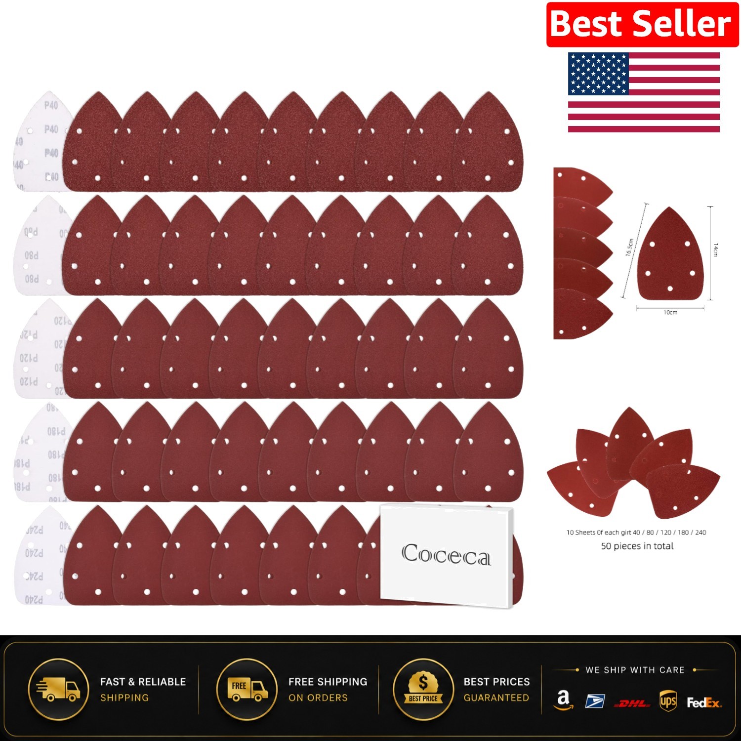 50pcs Assorted Sandpaper for Mouse Sanders – Aluminum Oxide Grits 40-240