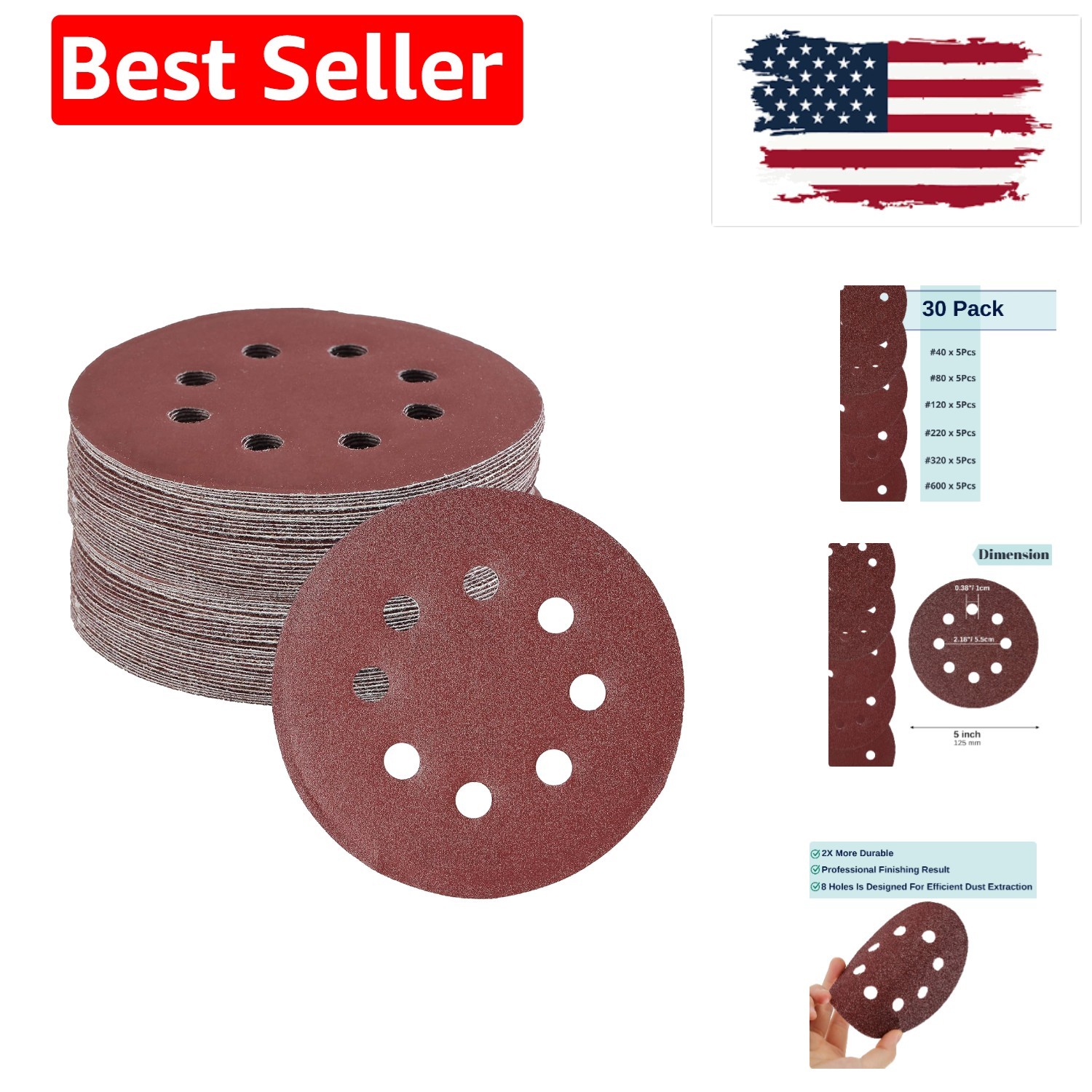 Bates- Sanding Discs 5 Inch 8 Hole, 30 Pack, Assorted Grits 40 80 120 220 320…