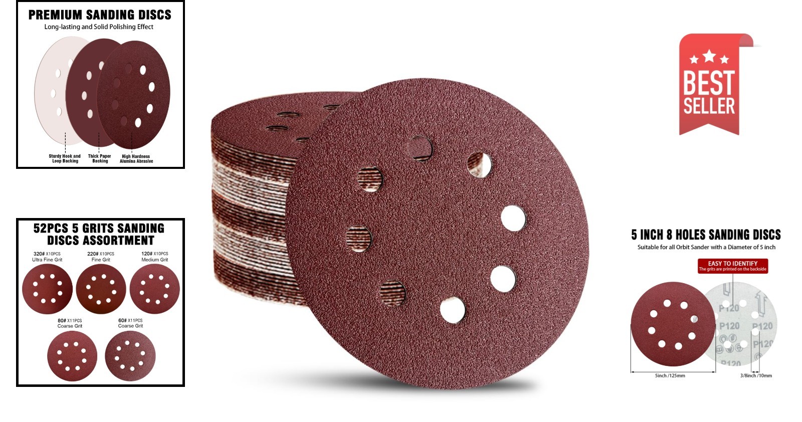 Efficient Hook & Loop Sanding Discs – 52 Pack, 5-Inch Mixed Grits for Easy Use