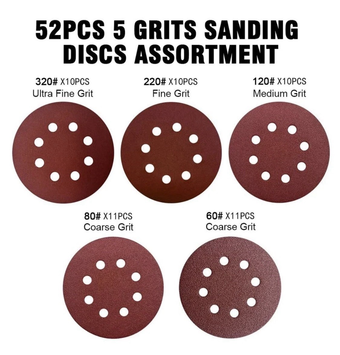 52 Pack 5 Inch 8-Hole Hook and Sanding Discs Sandpaper Red Round 60 80 120 220 3