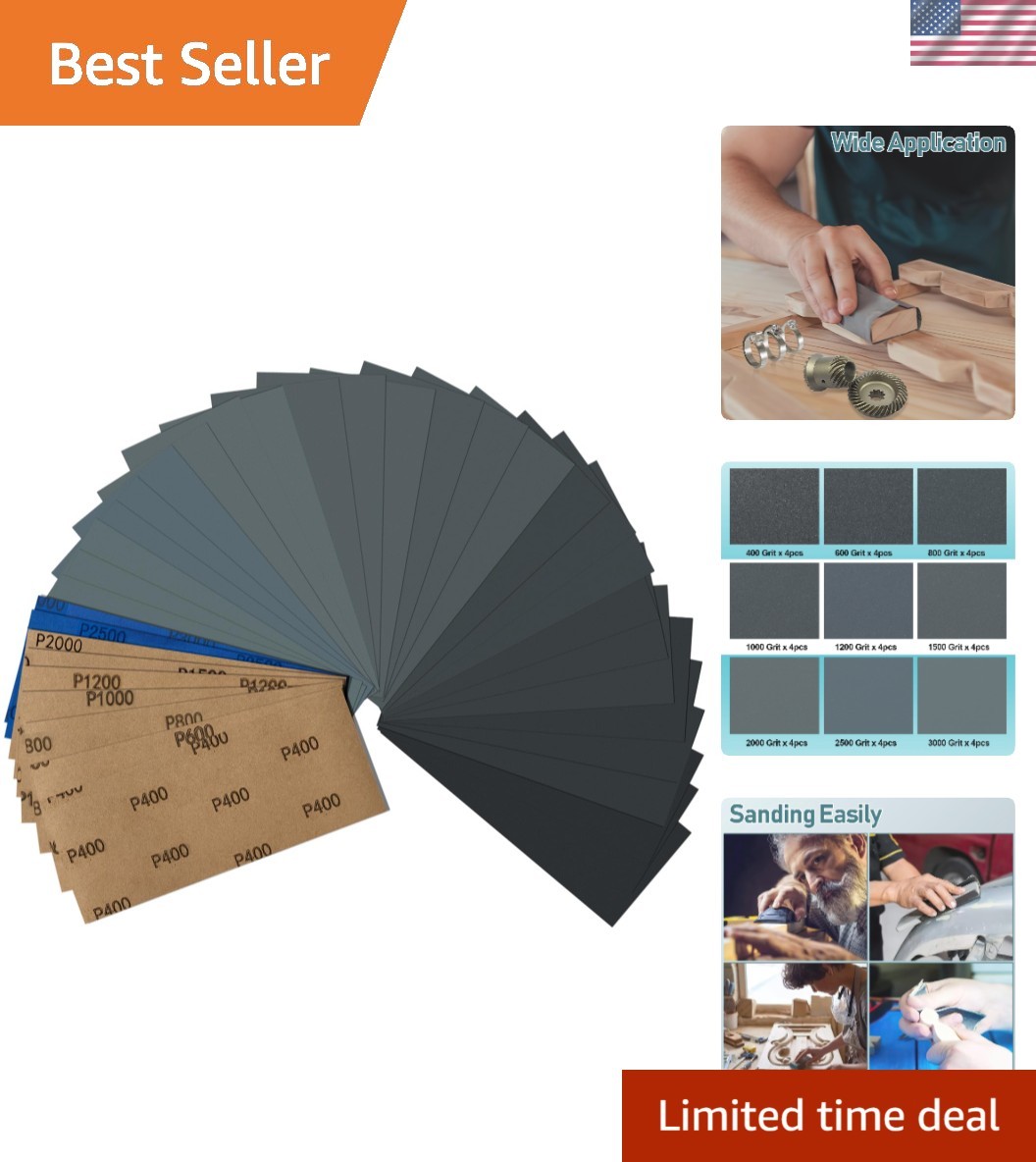36-Piece Wet & Dry Sandpaper Set – Silicon Carbide Grit 400-3000, 9 x 3.6 Inch
