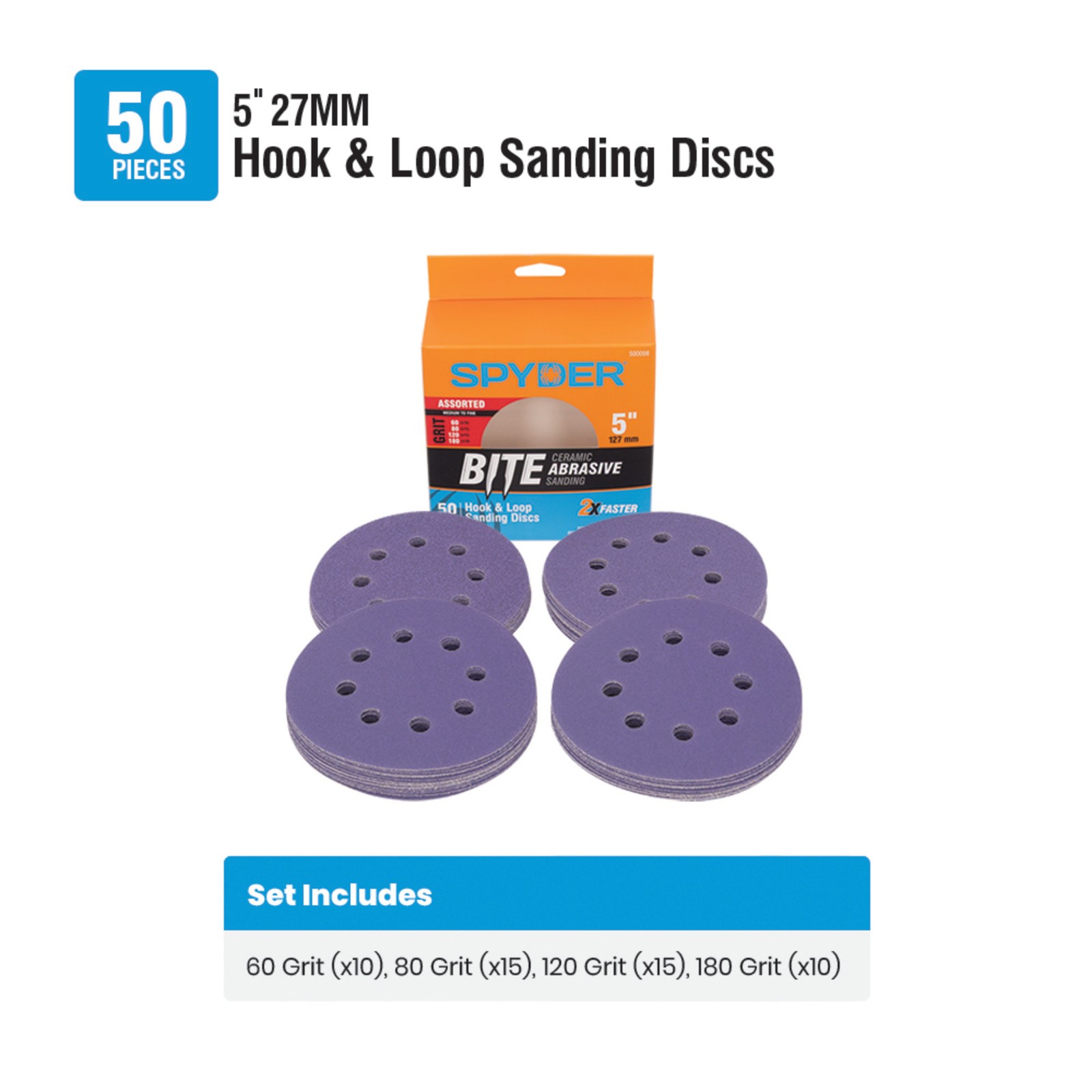 Spyder 50pc 5 in. 8-Hole Sanding Discs with Hook and Loop Assorted Grits 500098