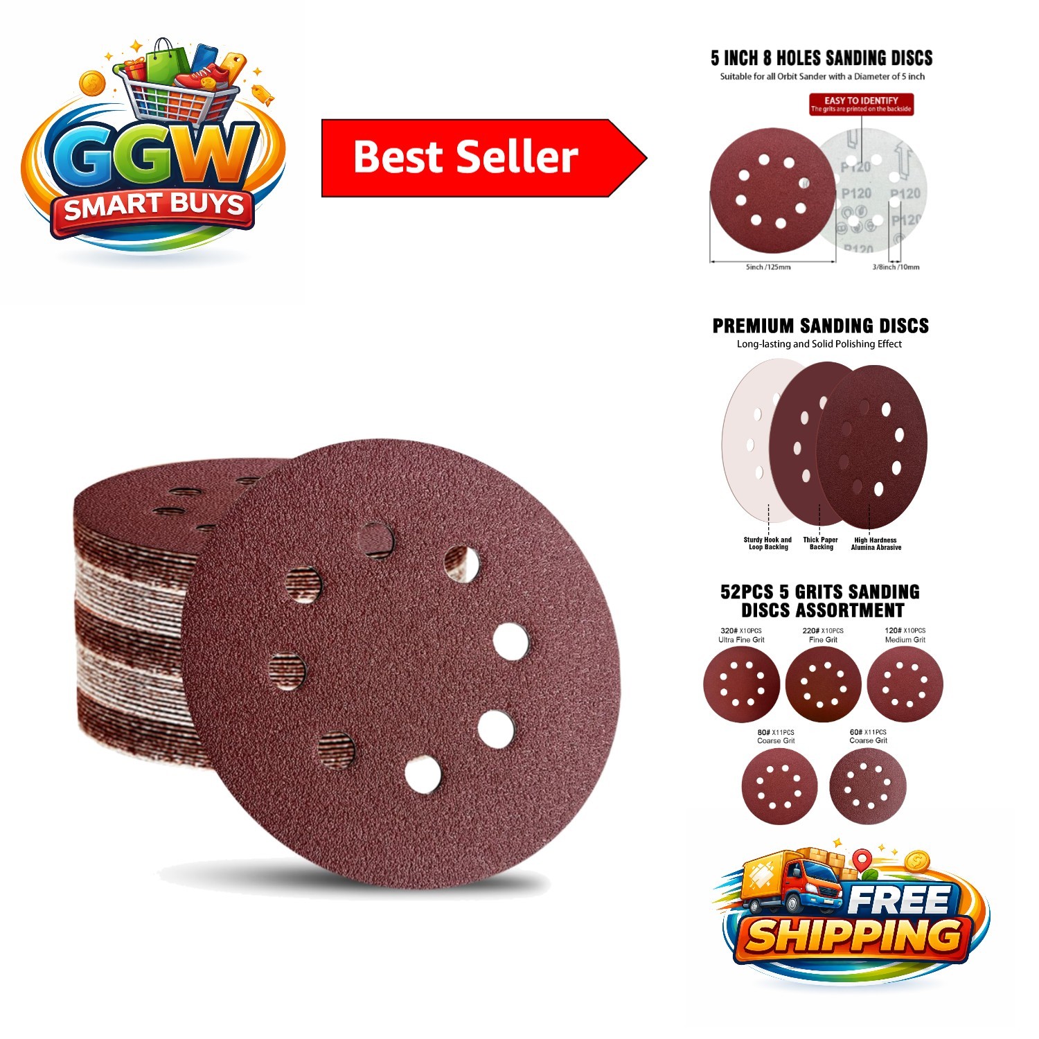 Efficient 52-Pack 5″ Hook & Loop Sandpaper – Grits 60-320 for Smooth Finishes