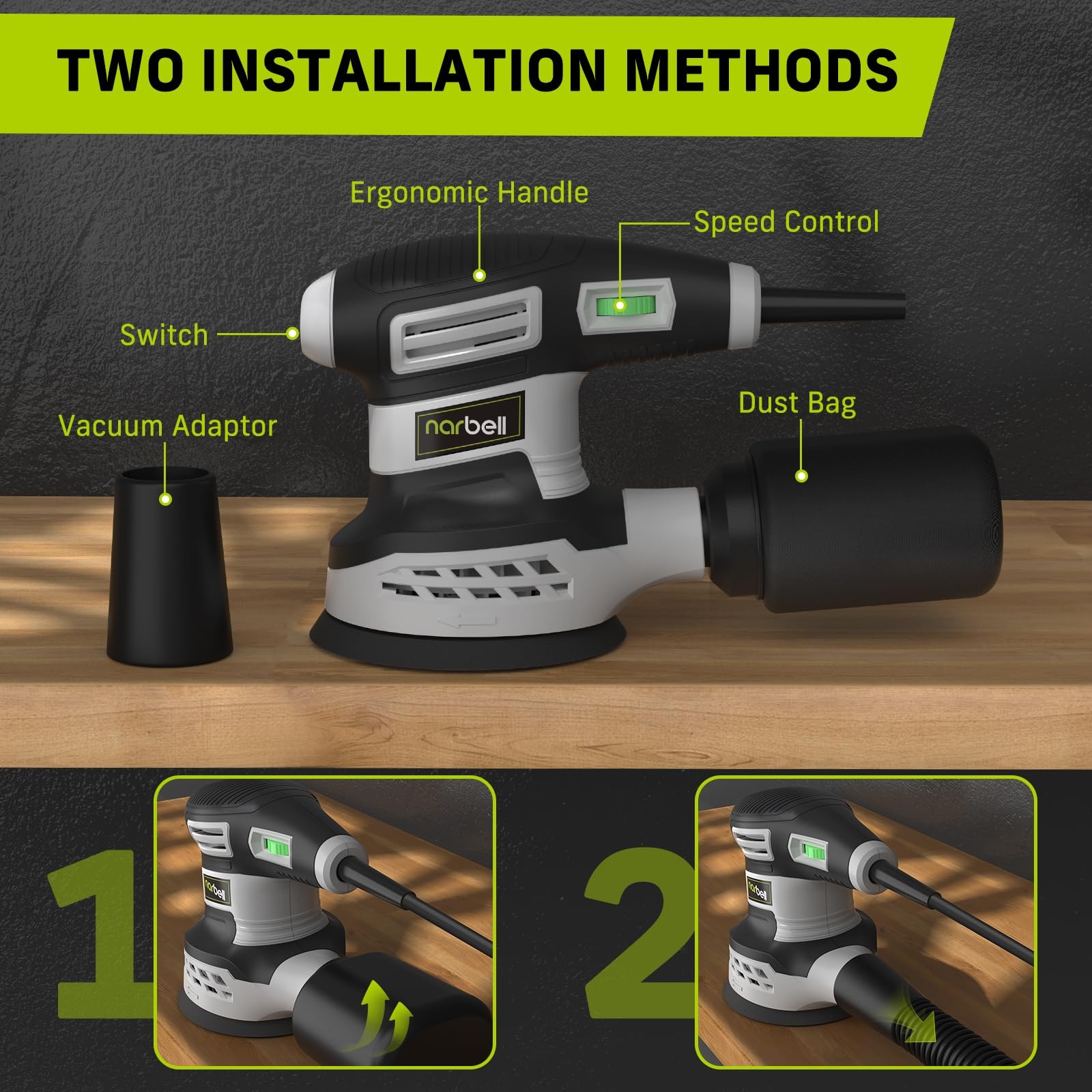NARBELL Orbital Sander 3.0AMP(360W),14000RPM Random Orbit Medium, ‎light Gray