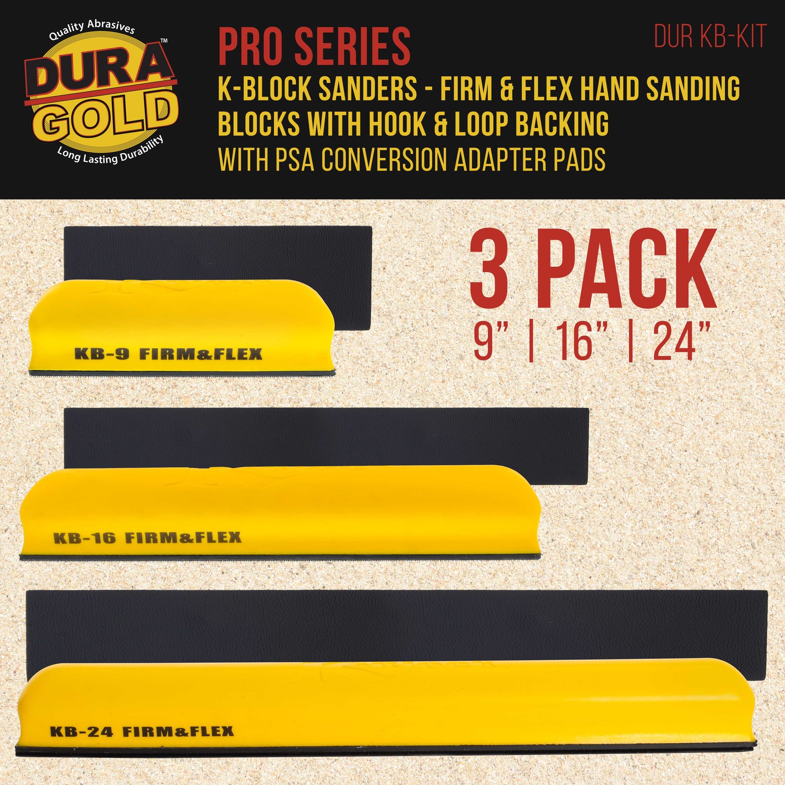 K-Block Sander Firm & Flex Hand Sanding Block Kit, 9″, 16″, 24″ with Hook & Loop