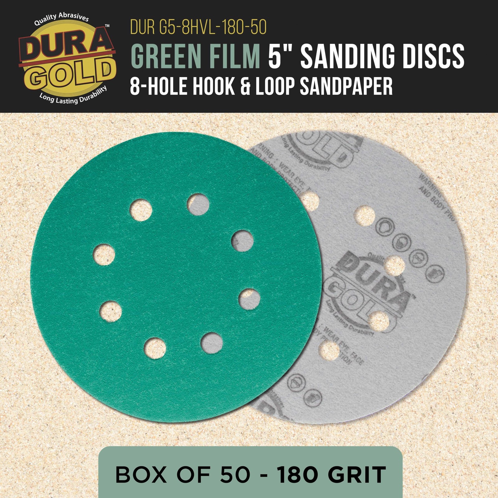 Dura-Gold Premium 180 Grit 5″ Green Film Sanding Discs, 5 inches,