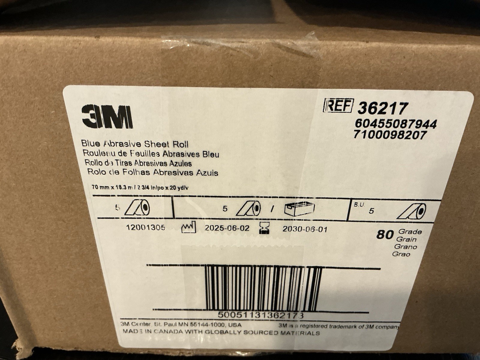 3M Blue Abrasive Sheet Roll Sand Paper, 36217, 80, 2-3/4 in x 20 yd Box Of 5