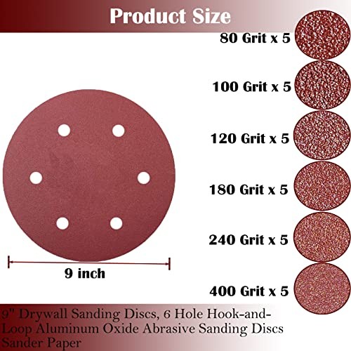 30 PCS 9 Inch 6 Hole Drywall Sanding Discs Set- 80 100 120 180 240 400 Grits,