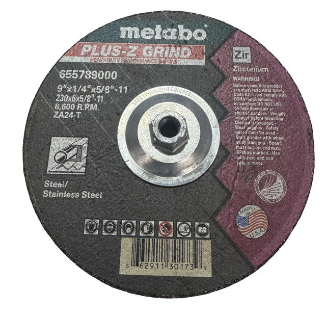 Metabo 9″ x 1/4″ x 5/8-11 Heavy Duty T27 Metal Grinding Wheel 24 Grit Zirconium