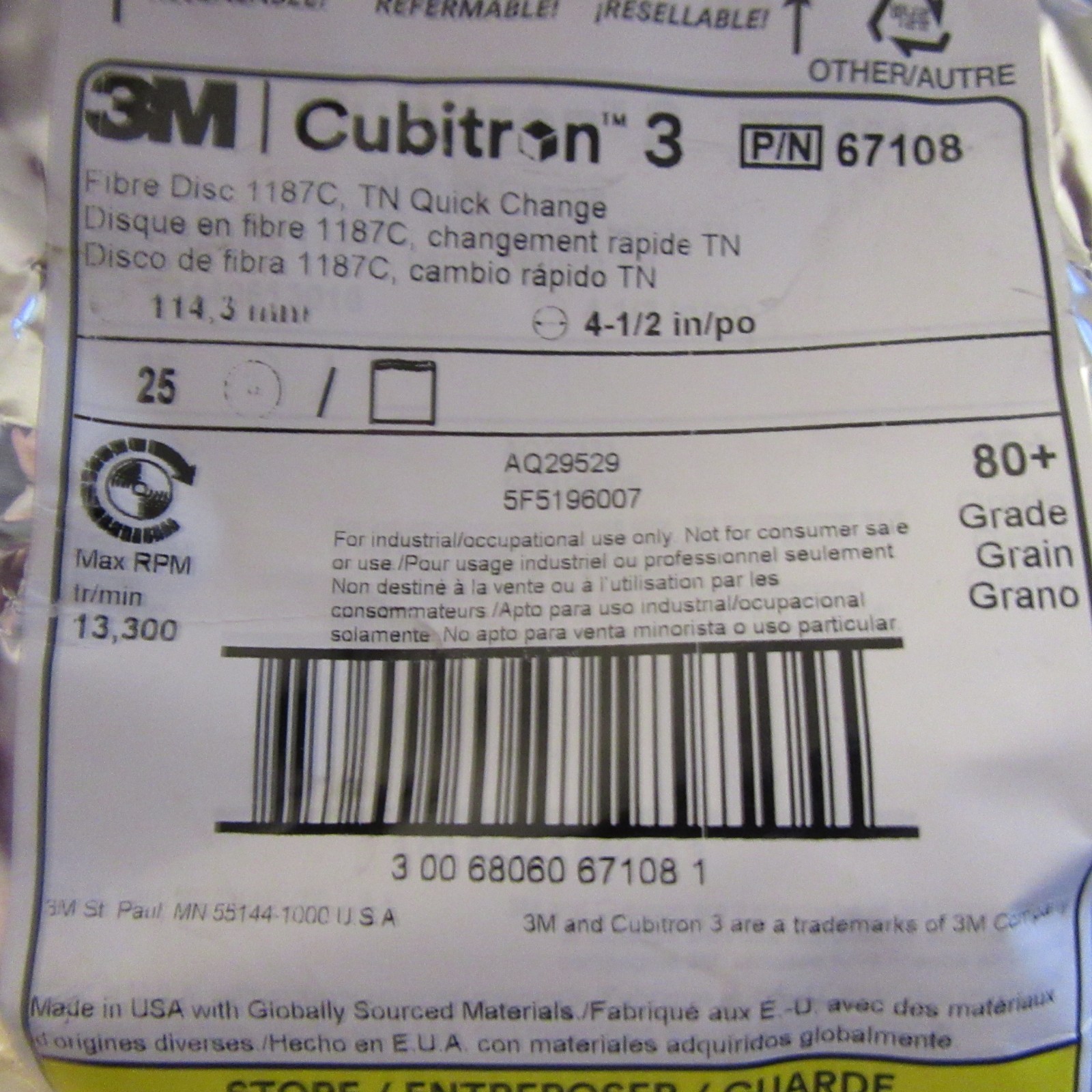 3M Cubitron 3 Fibre Disc 1187C TN Quick Change 67108 4-1/2″ 80+ Grit 25Pk
