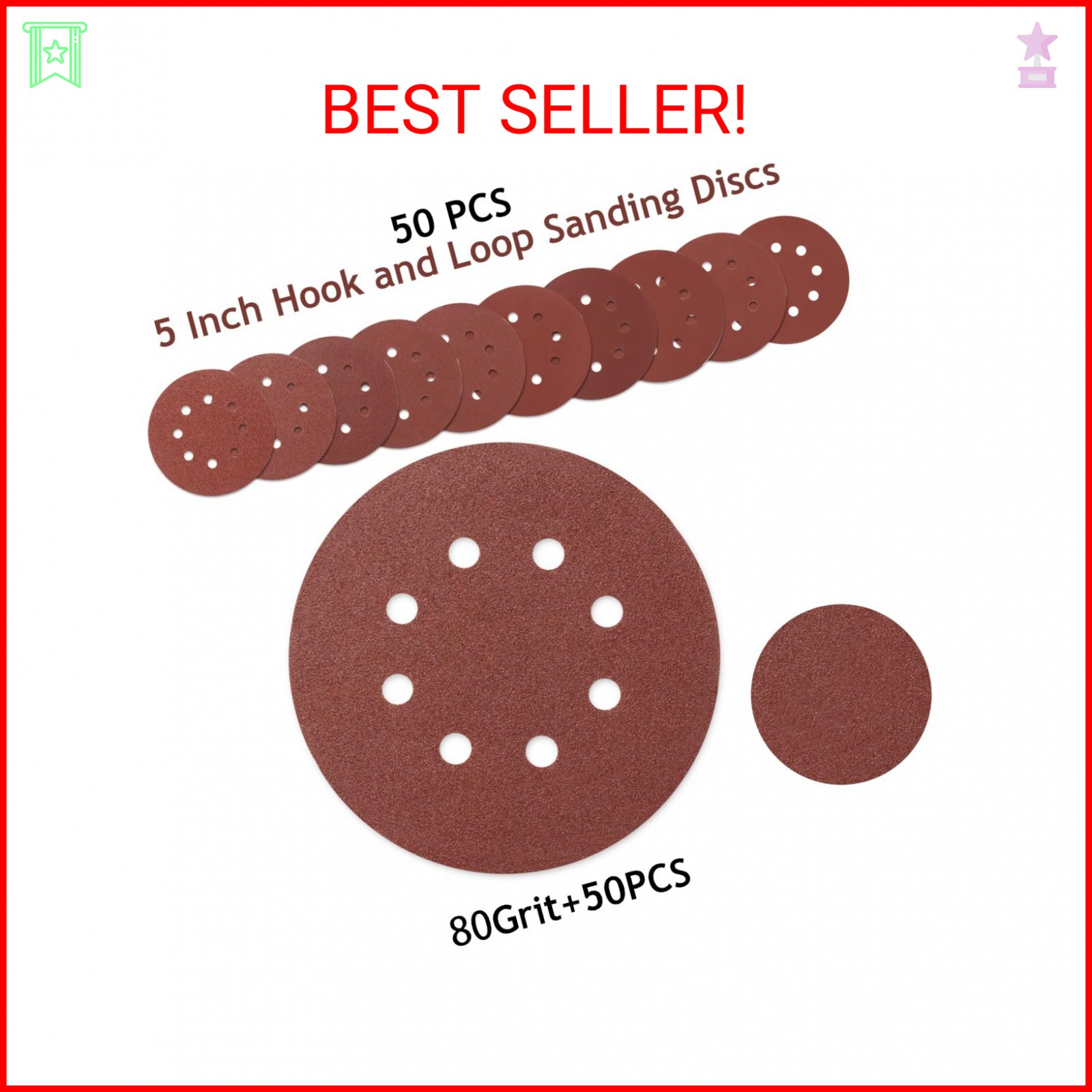 SUPBICCO 5 Inch 8 Hole Sanding Discs Hook and Loop, 50 PCS 80 Grit Round Sand Pa