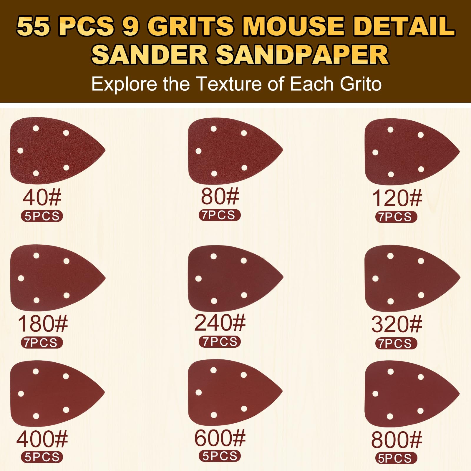 55pcs Mouse Detail Sander Sandpaper Premium Triangle Sanding Pads 9 Grits 40-800