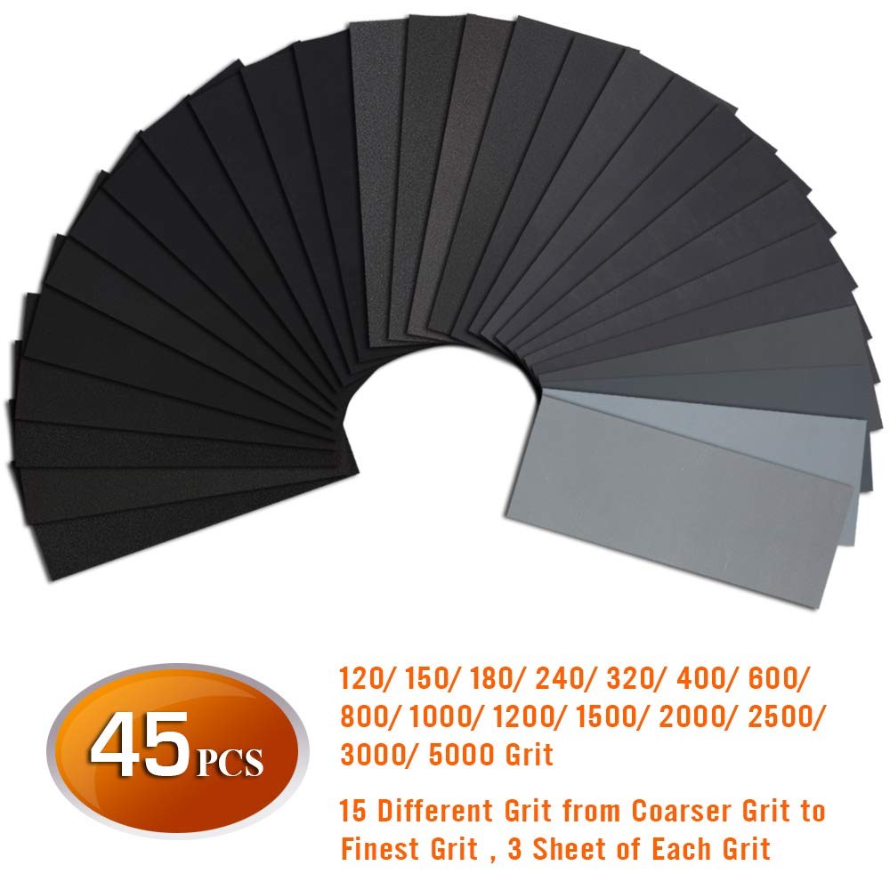 45Pc Wet Dry Sandpaper Assorted Grit 120-5000 Automotive Wood Metal Sheets