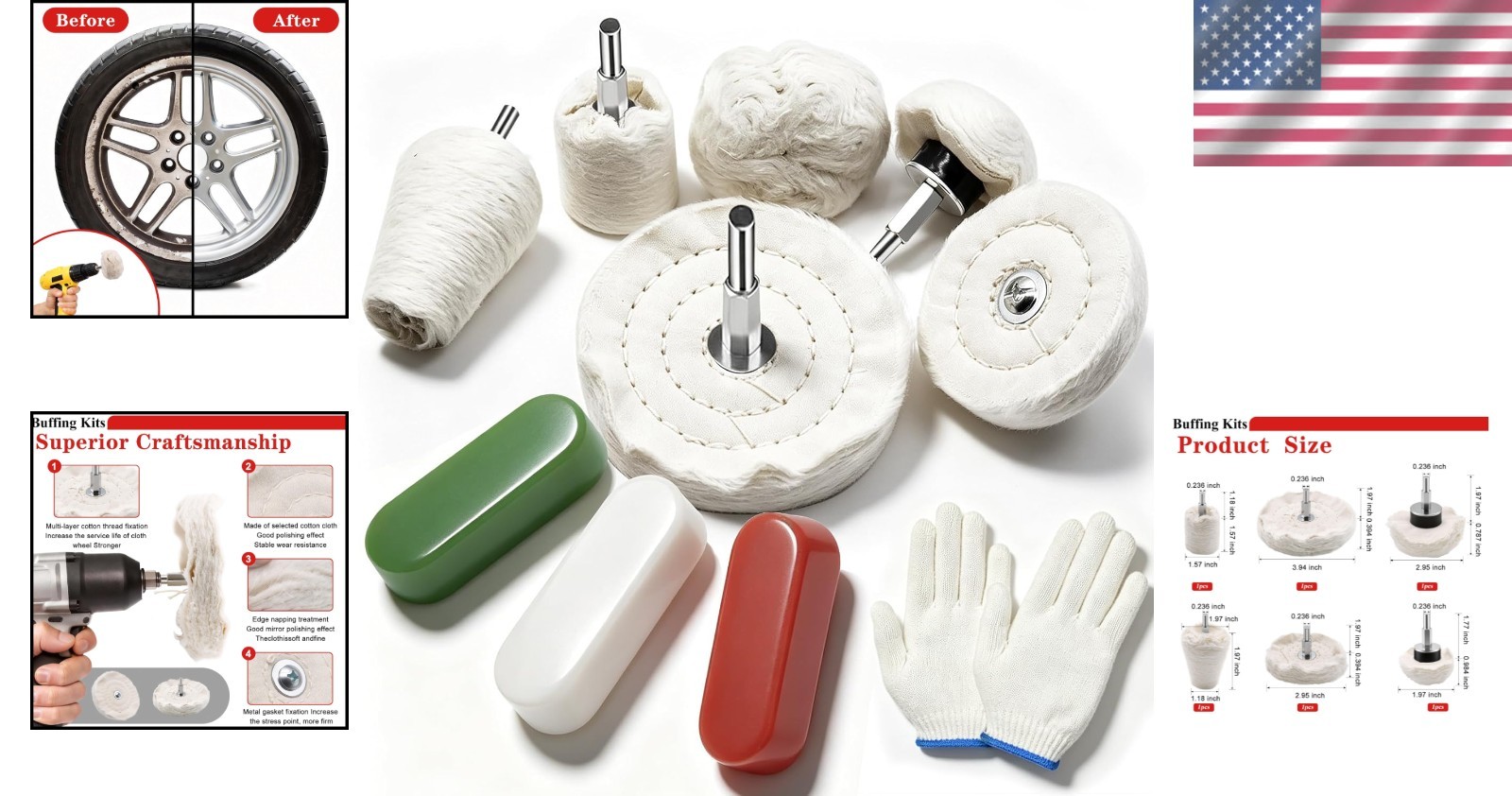 10Pcs Polishing Wheel Set with Cotton Gloves for Multi-Surface Buffing