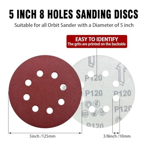 52 Pack 5 Inch 8-Hole Hook and Loop Sanding Discs Sandpaper Red Round 60 -320