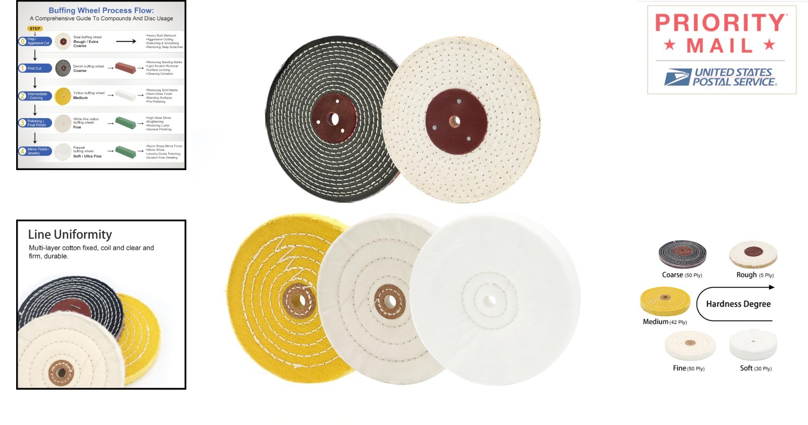 Buffing Polishing Wheels 6cm 5pcs Kit Multi Grit Medium Coarse Fine Rough Cotton