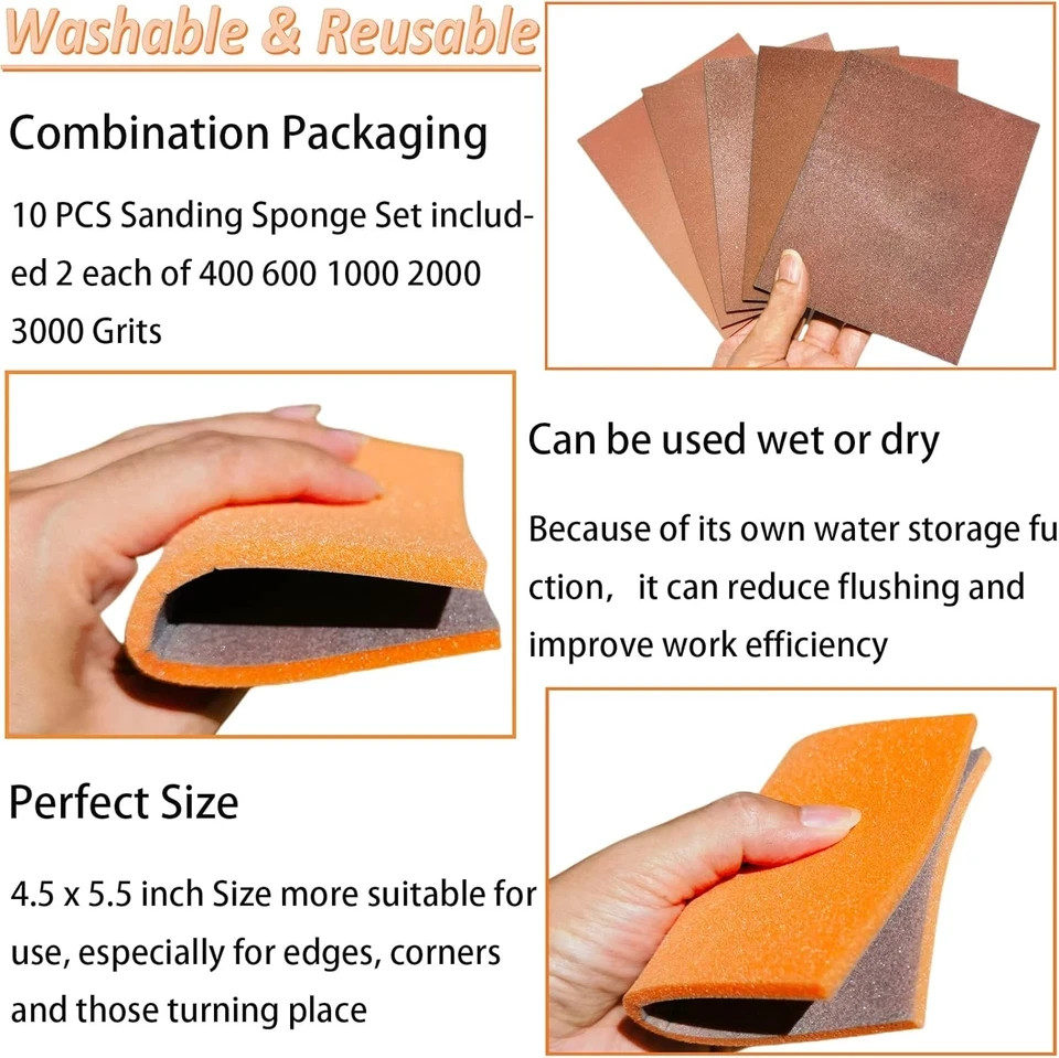 10 PCS 400-3000 Grit Sanding Sponge Set, 4.5 X 5.5 Inch Wet or Dry Hand Sanding