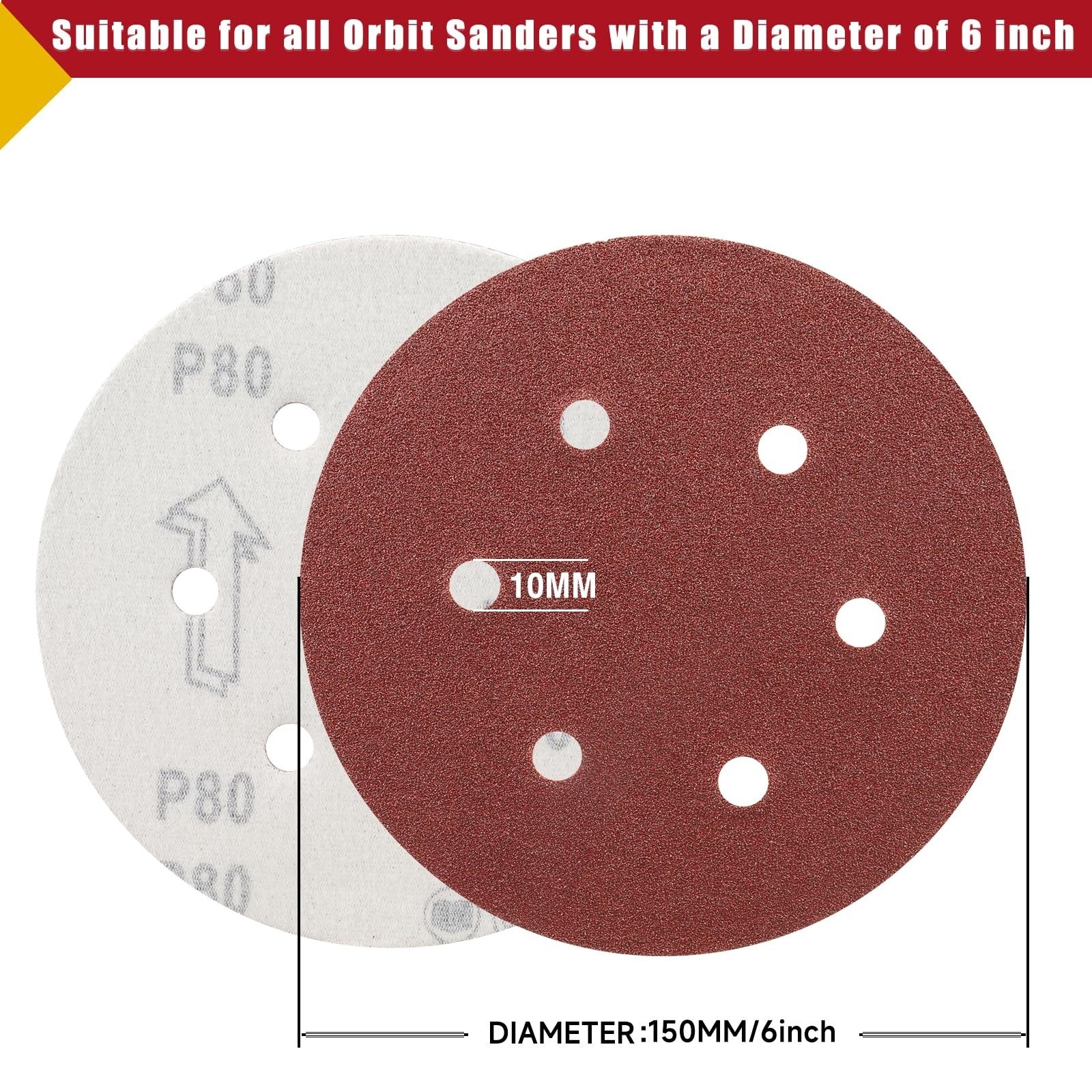100PCS 6 Inch Sanding Discs 80 Grit for Orbital Sander – Hook and Loop