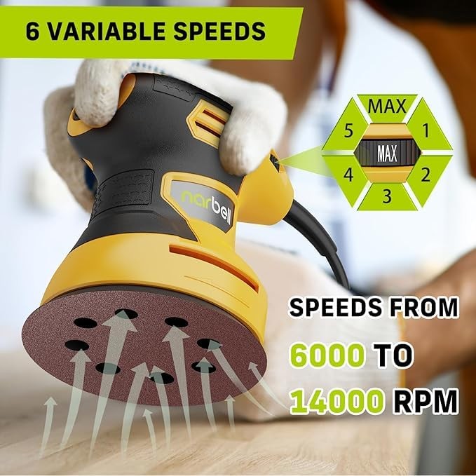 Narbell Orbital Sander 3.2A (380W), 14000RPM Max 6 Variable Medium, Yellow