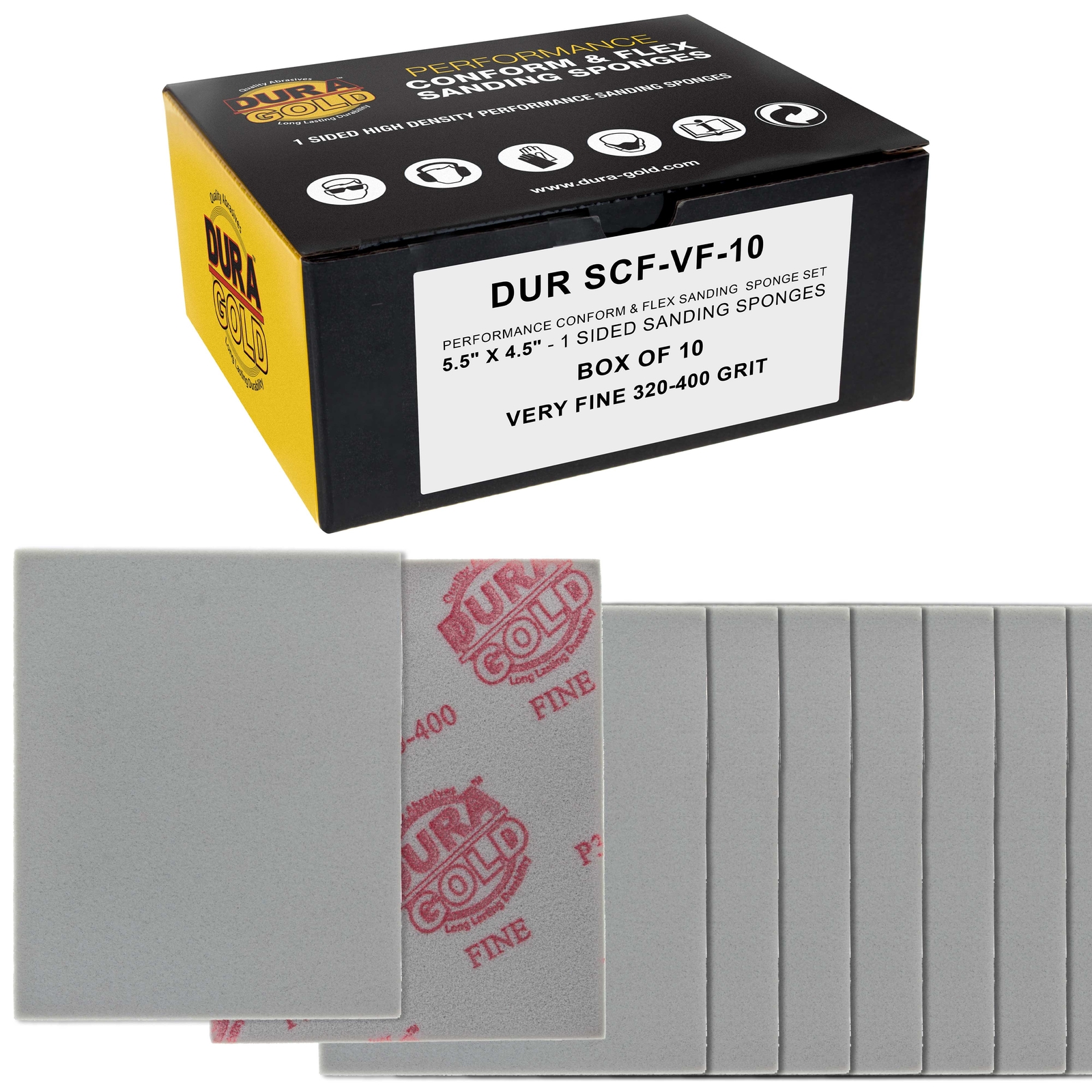 Very Fine Cut Sanding Sponges, 10/Box – 5.5″ x 4.5″ (320 to 400 Grit) Wet/Dry