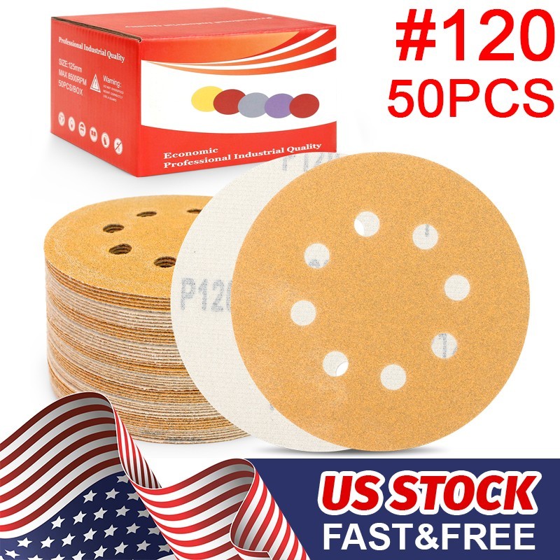 50-PACK 5 inch Sanding Discs 8-Hole Hook Loop for Orbital Sander Paper 120 Grit