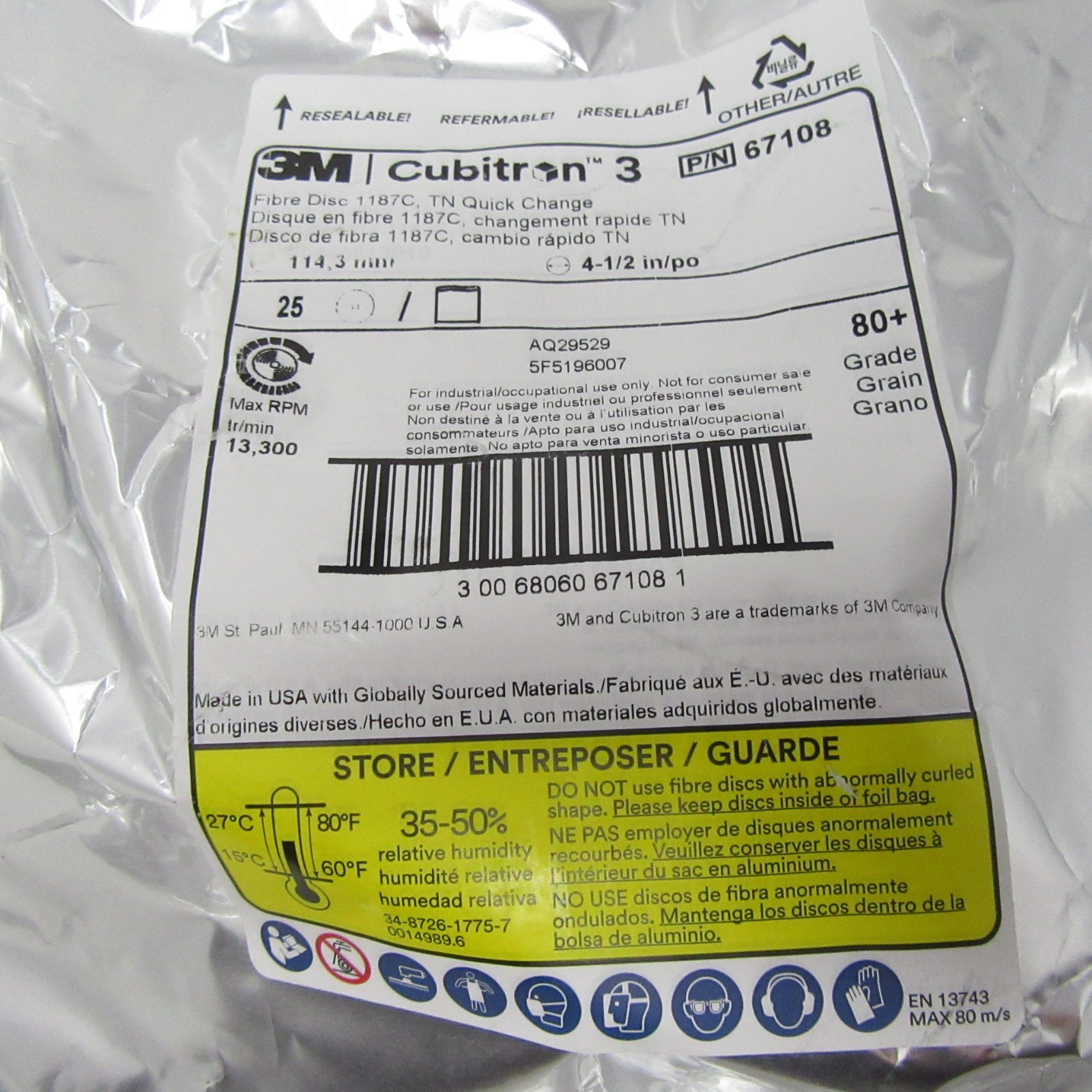 3M Cubitron 3 Fibre Disc 1187C TN Quick Change 67108 4-1/2″ 80+ Grit 25Pk