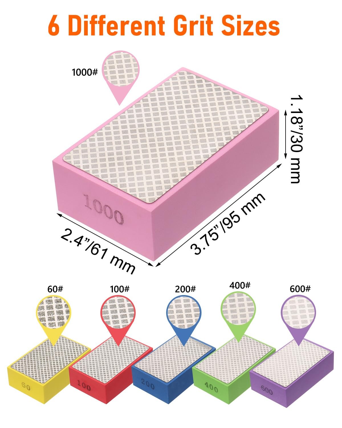 6 Pack Diamond Hand Polishing Pads Sanding Blocks for Glass Wood Ceramic Marble