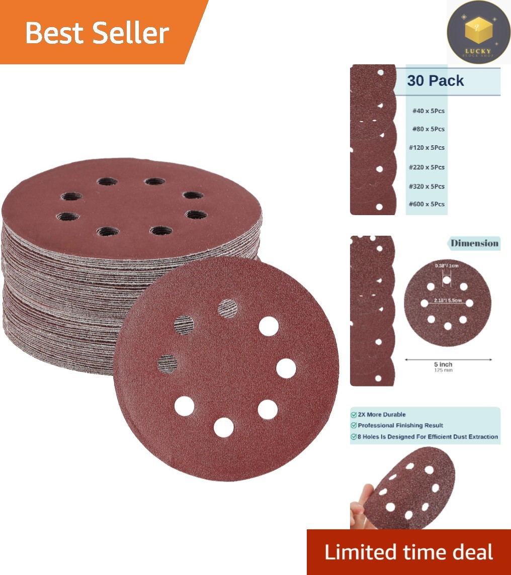 Durable Aluminum Oxide 5″ Sanding Discs – 30 Count, Perfect for All Materials