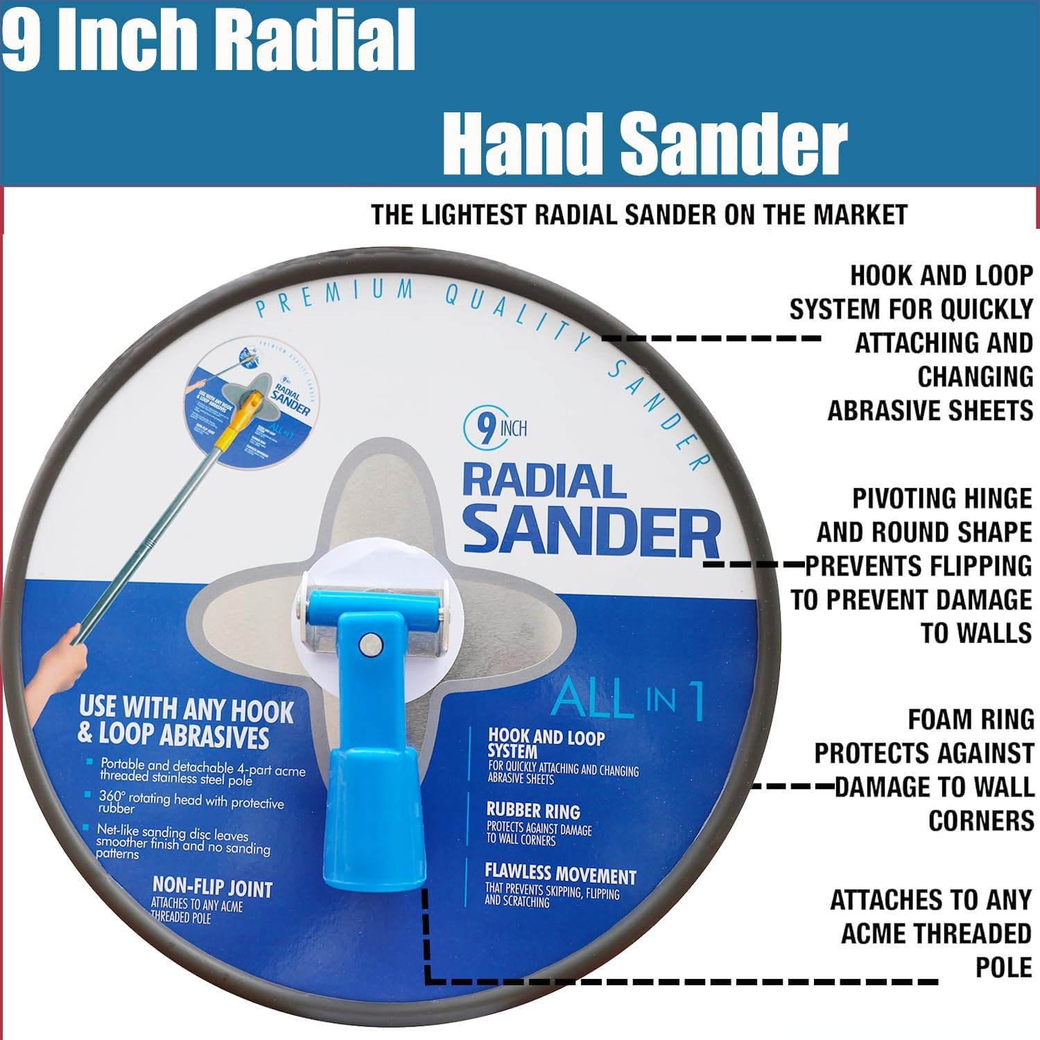 9″ Radial Hand Sander Hook Loop Drywall Sanding Tool for Wall