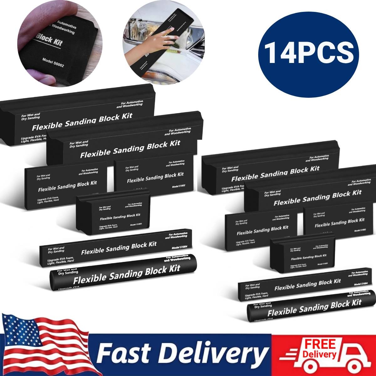 14Pcs Hand Sanding Block Set EVA Foam Wet or Dry for Automotive or Woodwork NEW