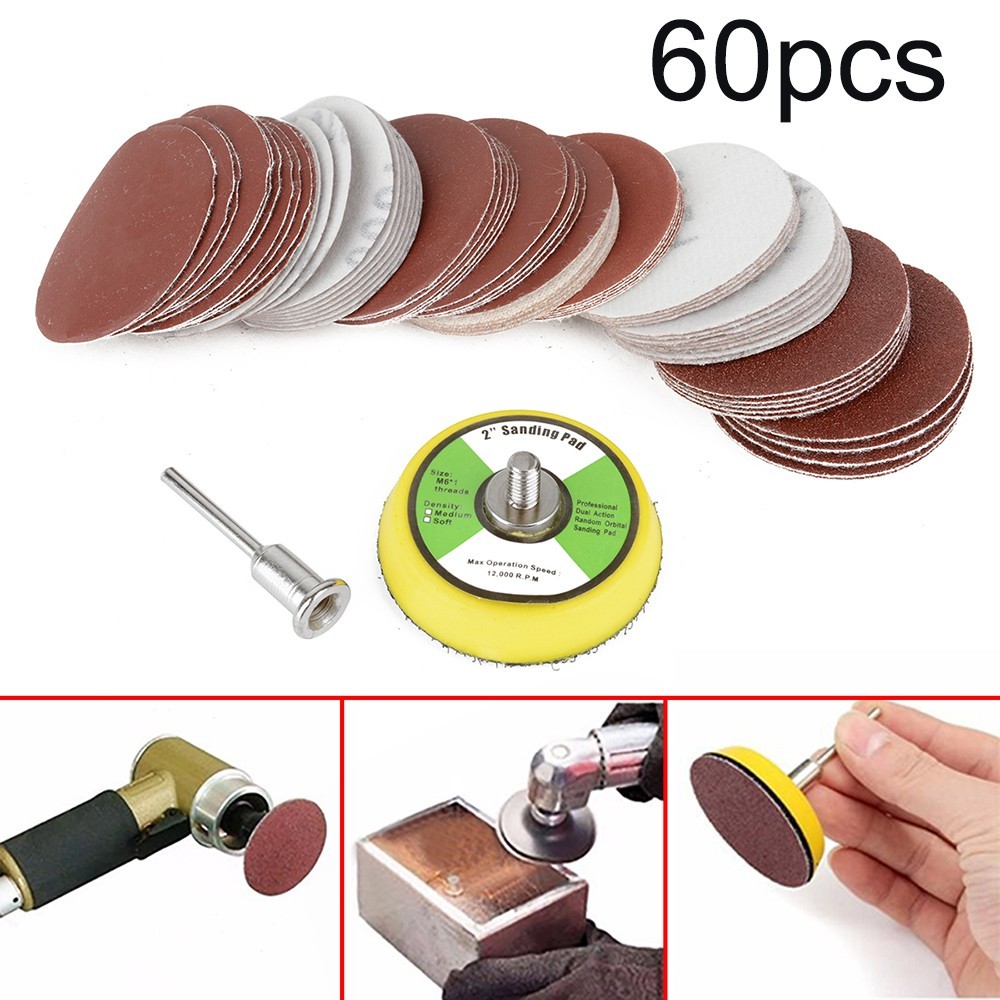 60Pcs 2in Sanding Discs +50mm Hook &Loop Sandpaper Backing Pad 100-2000grit