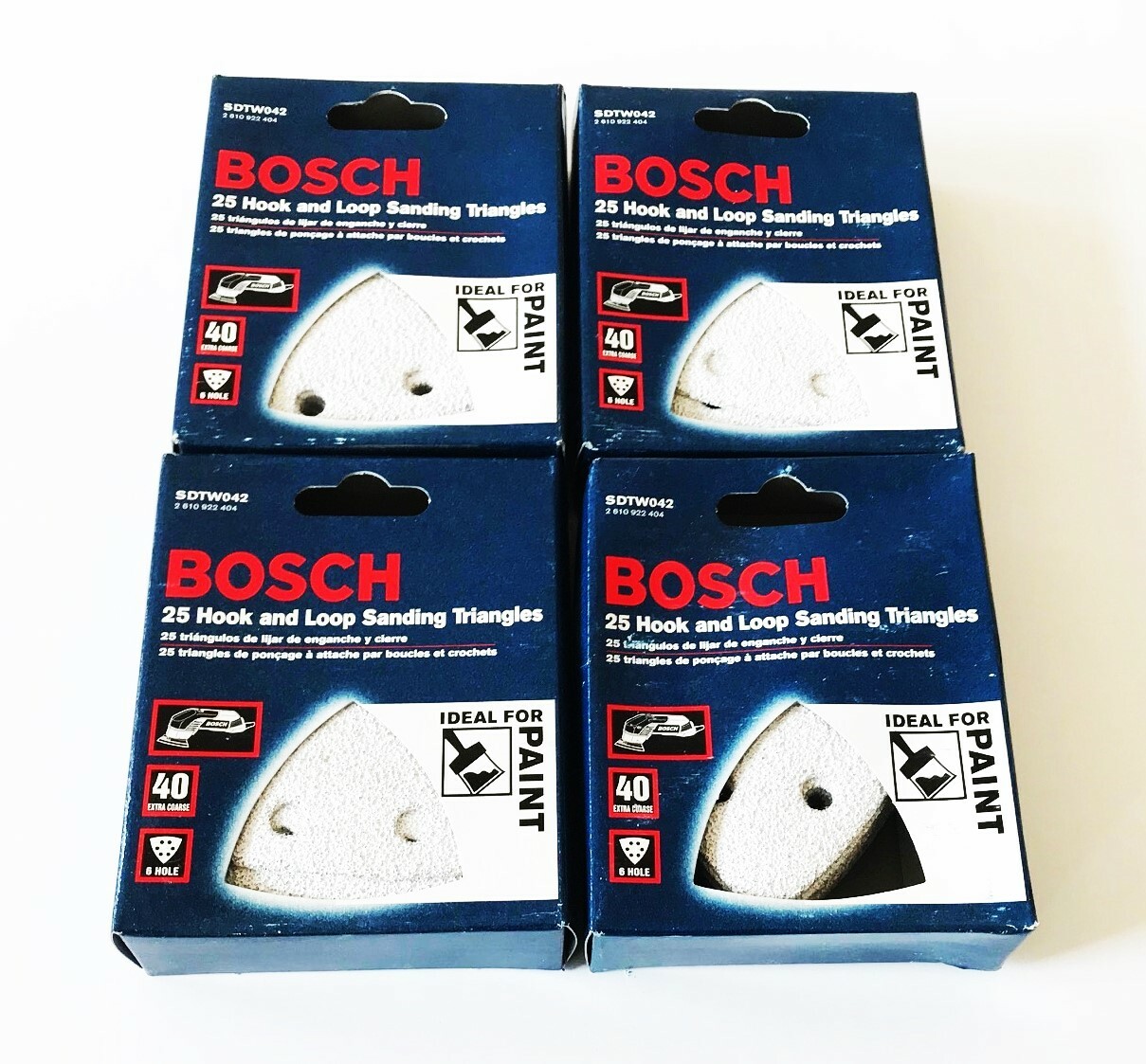 100 BOSCH HOOK AND LOOP SANDING TRIANGLES DISCS 40 GRIT 6 HOLE ITALY SDTW042