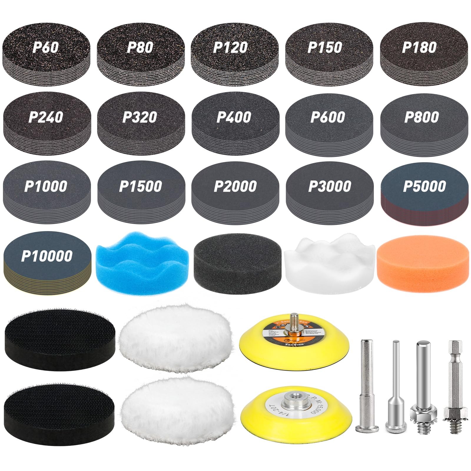 174 PCS 3 Inch Wet Dry Sanding Discs Grit 60 80 120 150 180 240 320 400 600 8…