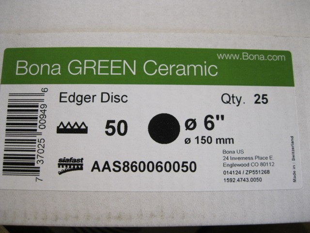 25pk,Bona Abrasives Green Ceramic Floor Edger Disc,6 Inch,50 Grit,AAS860060050