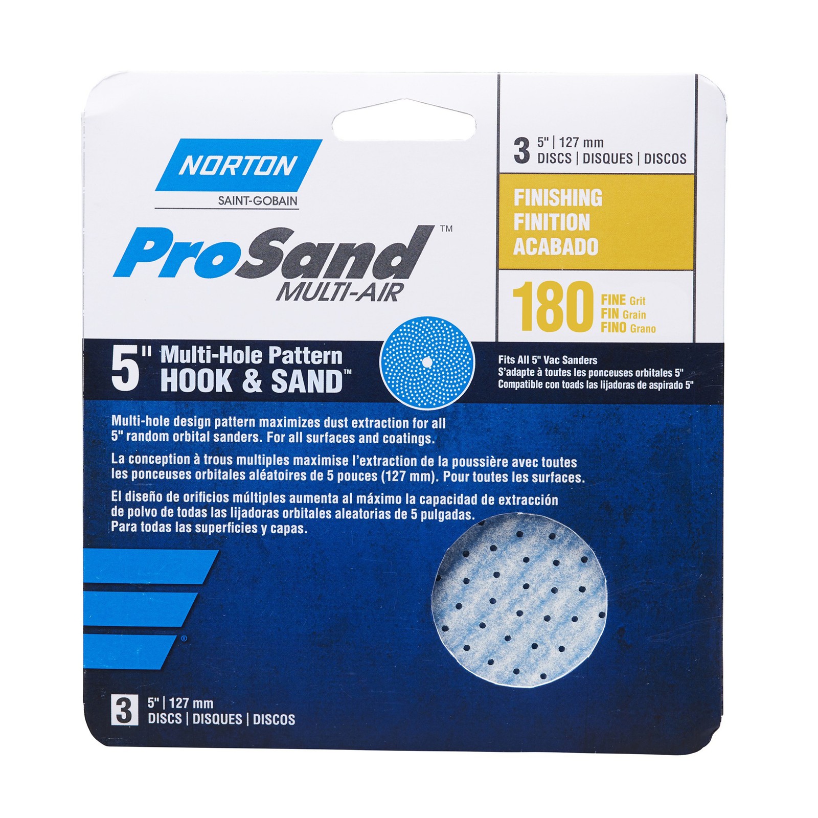 Norton ProSand MULTI-AIR 5″ Multi-Hole Pattern Hook & Sand Disc 180 grit 3 pack