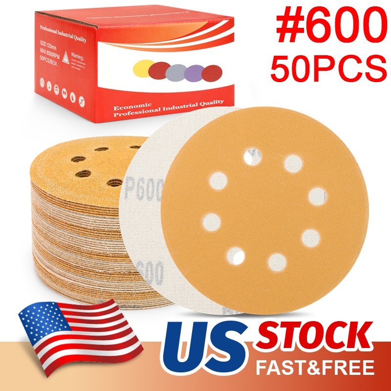 50Pc 5 inch Sanding Discs 8-Hole Hook Loop for Orbital Sander Paper 600 Grit Wet