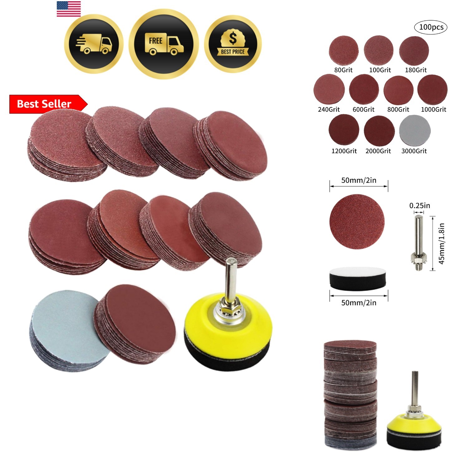 100pcs 2 Inch Drill Sander Attachment with Backer Plate 1/4″ Shank Sanding Di…