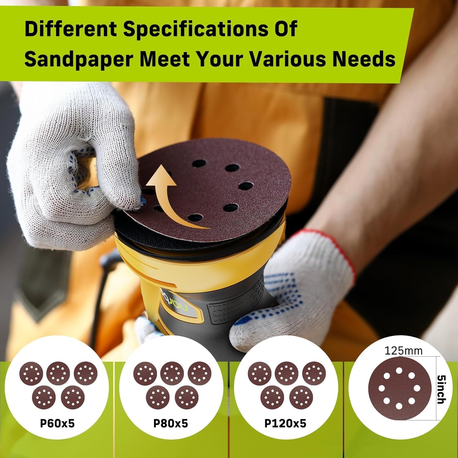 Narbell Orbital Sander 3.2A (380W), 14000RPM Max 6 Variable Medium, Yellow