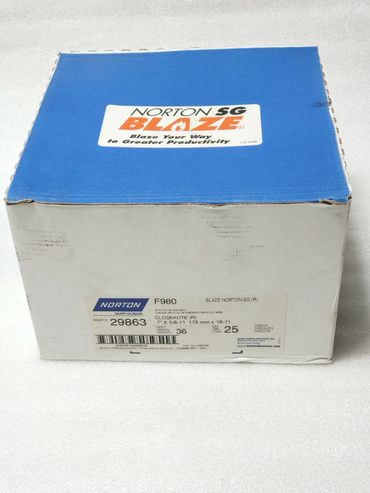 25Pcs Norton 7″ X 5/8-11 Blaze F980 Speed Change Fiber Disc 36 Grit 66261029863