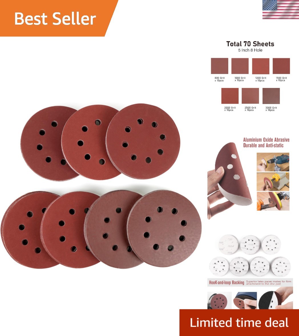 Aluminum Oxide Sandpaper Assortment – 70 PCS 5 inch Discs for Various Surfaces