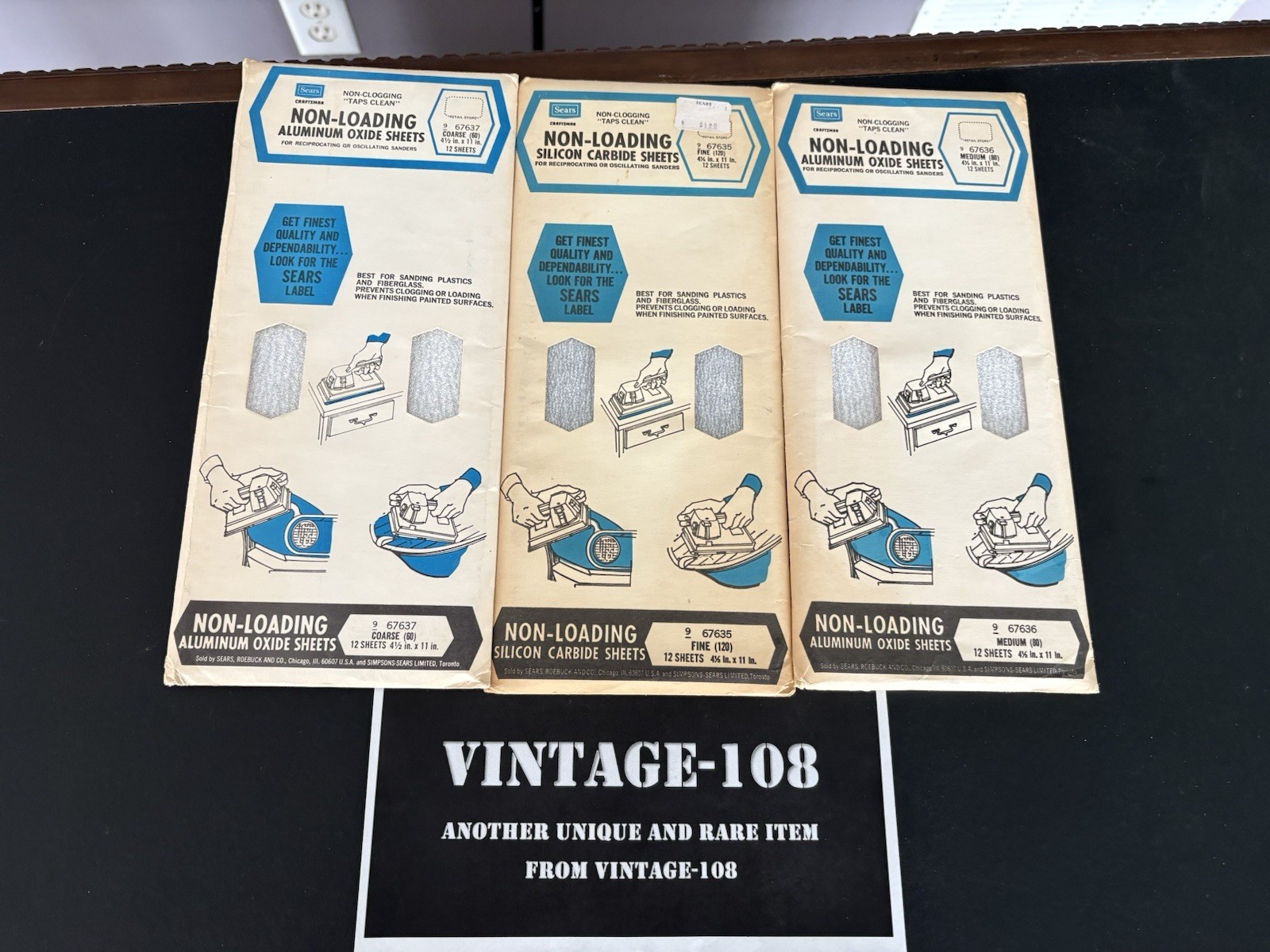 Vintage NOS Sears Aluminum Oxide Sandpaper, Fine/Medium/Coarse packs 120 4.5×11