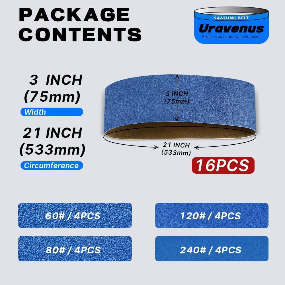3 X 21 Inch Sanding Belts, 16 Pcs Assorted Grits (60/80/120/240), Zirconia Sandi