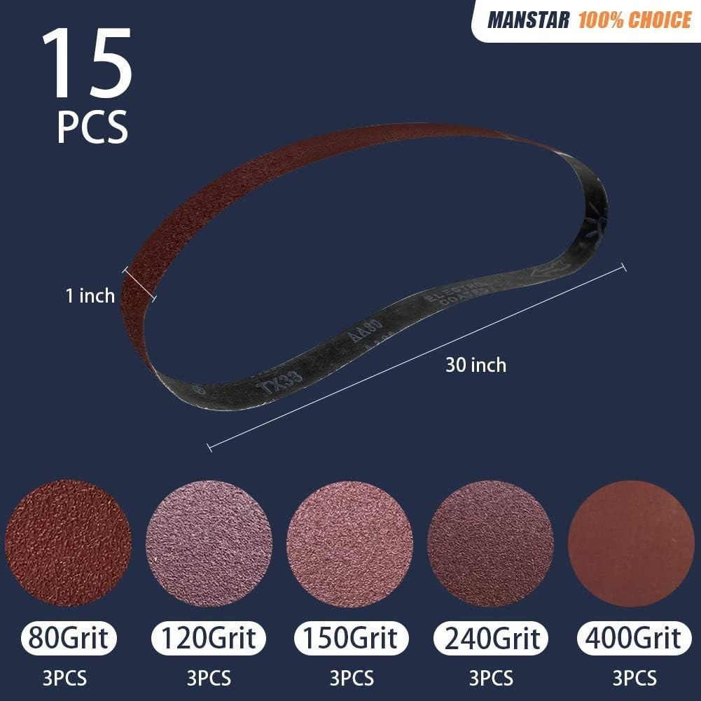 High-Performance 15 Pcs Sanding Belts – 1×30 inch with 80/120/150/240/400 Grits