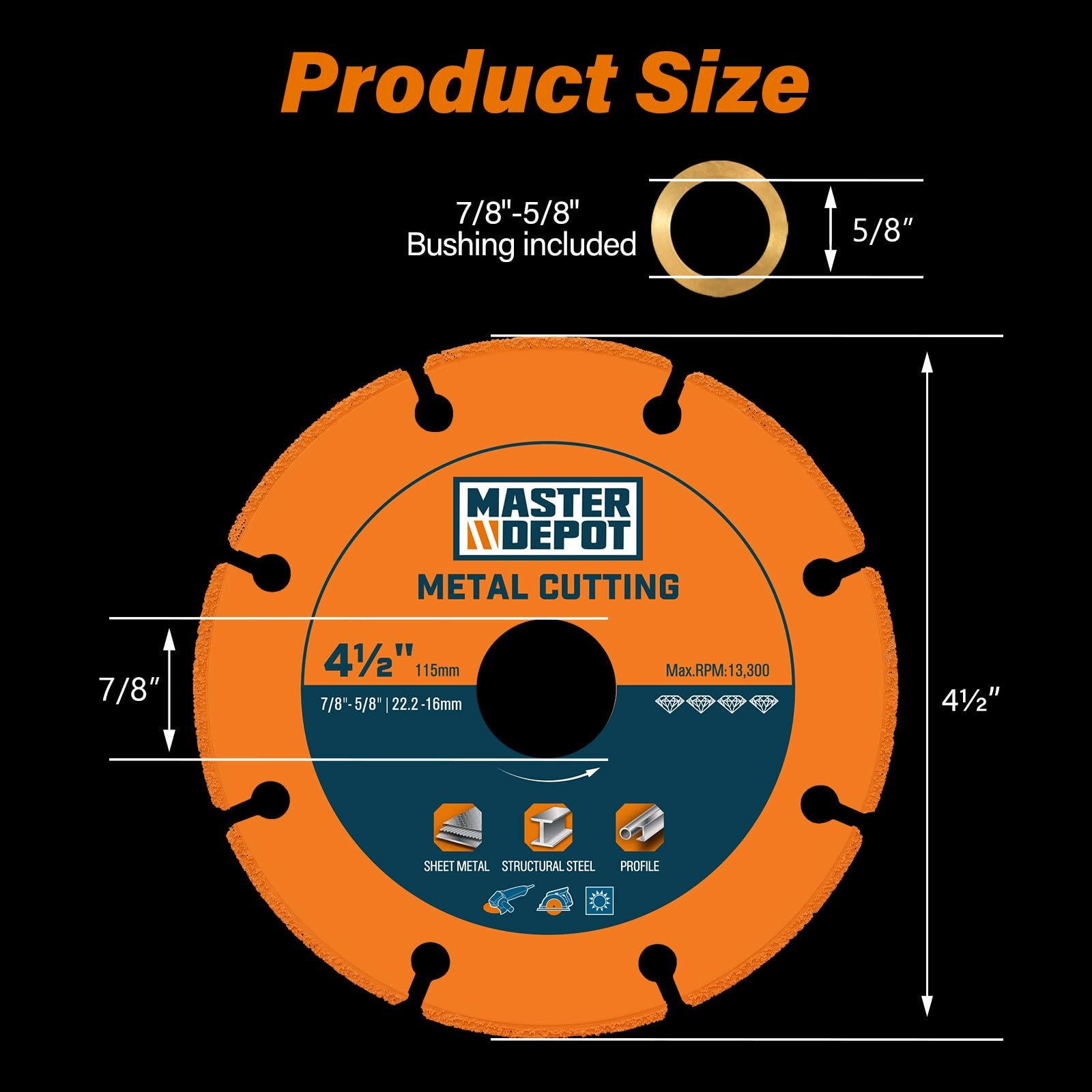 MASTER DEPOT 4 1/2“ Cut Off Wheels, Diamond Cutting Wheel for 5/8“ Orange