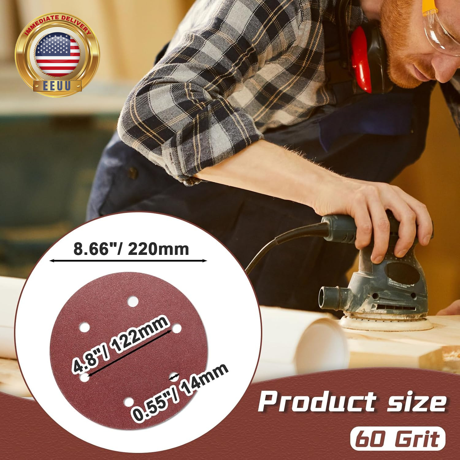 12PCS 9 Inch Sanding Discs 60 Grit, 6 Hole Hook and Loop Sandpaper, round Sandin