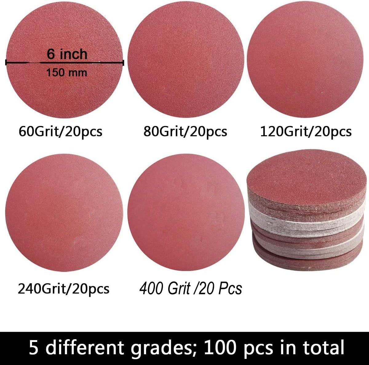 100 PCS 6 Inch Hook and Loop Sanding Disc Set 60 80 120 240 400 Grit Sanding