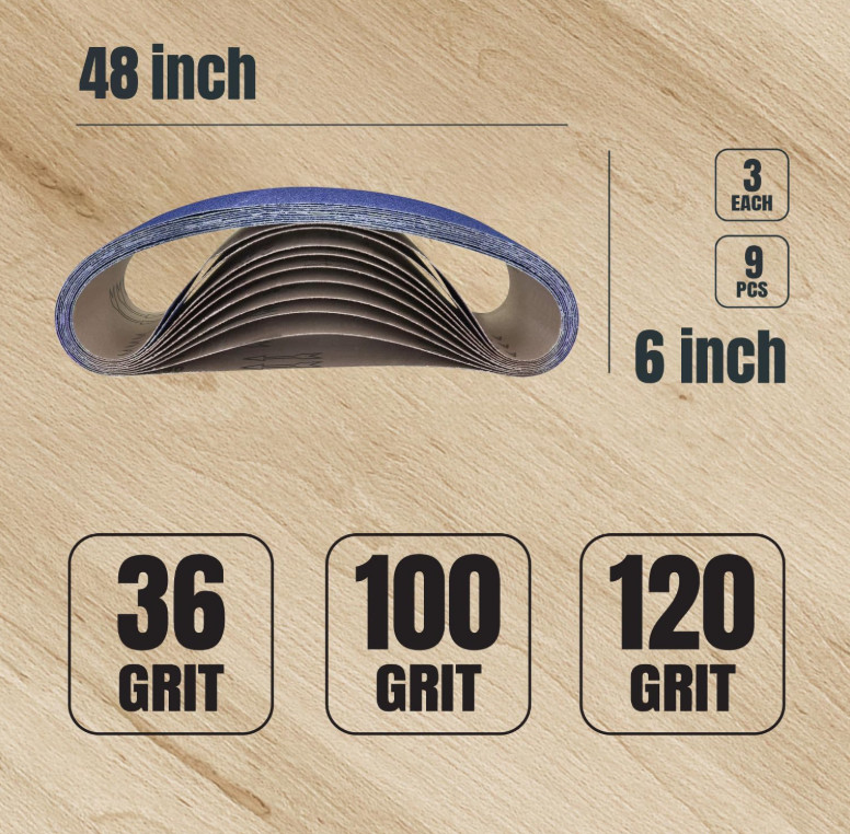 Bandas de lijado zirconia 6×48” surtido grano 36/100/120 para taller, Nuevo